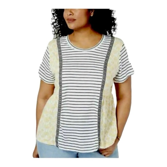 NEW Style & Co Plus Yellow Tee Shirt Top Short Sleeves Mixed Print Size 1X - Picture 1 of 8